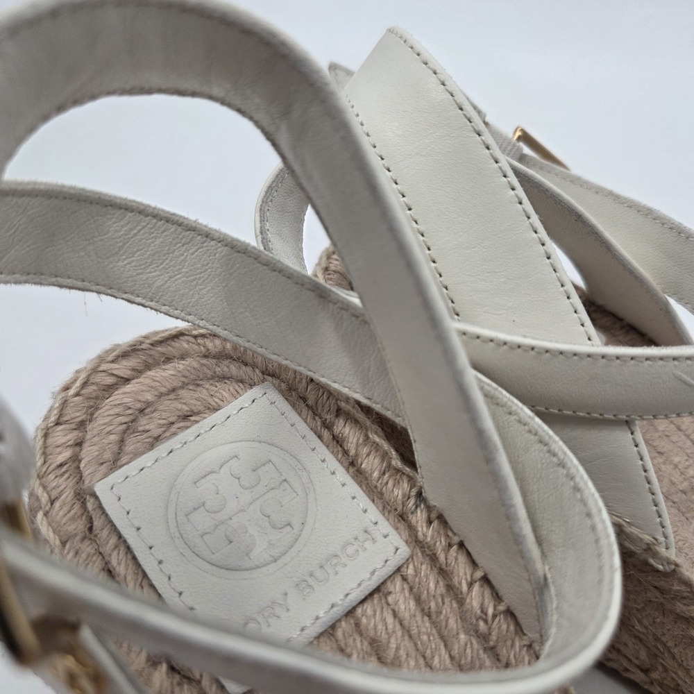 Tory Burch SZ 9 Laurel Wedge Espadrille Sandals Leather Beige White - Picture 3 of 7
